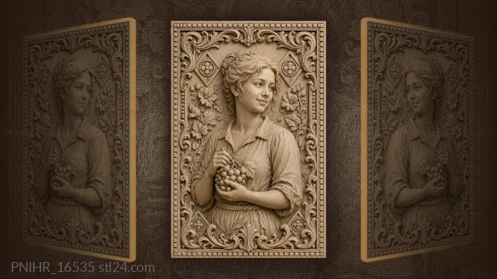 Smiling lady with grapes flowers 3d STL model