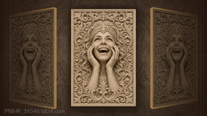 Laughing woman with floral frame 3d STL model