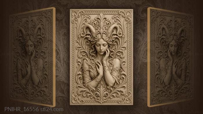 Horned scrolls framing a downcast face 3d STL model