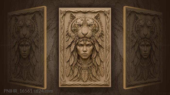 Woman with tiger and feathers 3d STL model