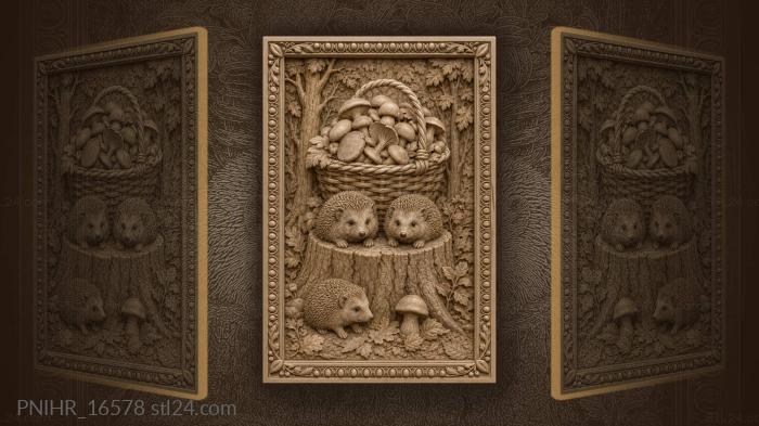 Mushroom basket on a stump with hedgehogs 3d STL model