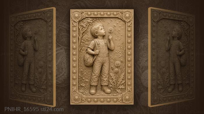 Boy in overalls blowing a dandelion 3d STL model