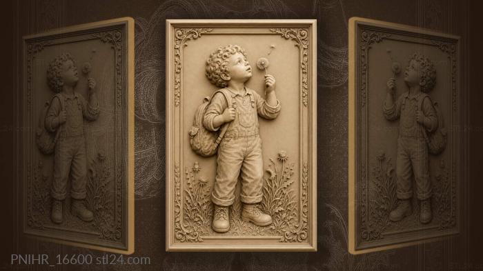 Curly boy blowing a dandelion seed 3d STL model