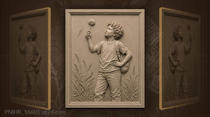 Curly boy holding a dandelion seed head 3d STL model
