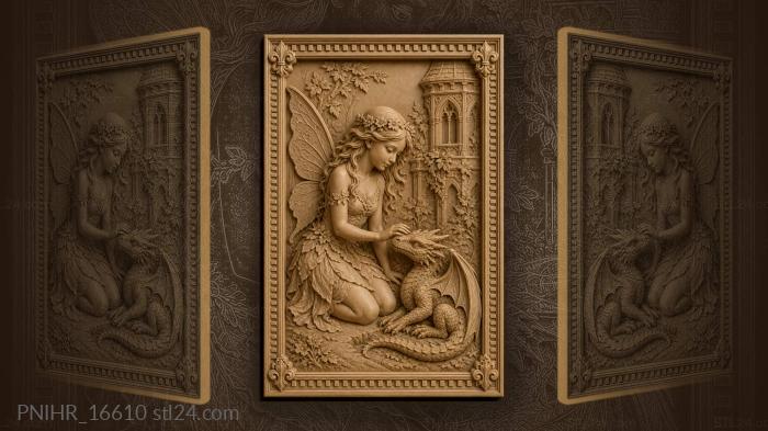 Fairy touching a small red dragon 3d STL model