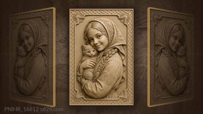 Girl with kitten floral headscarf 3d STL model