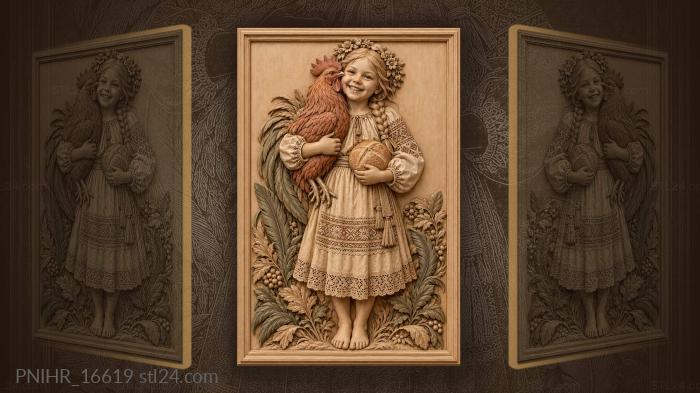 Girl with rooster and bread 3d STL model