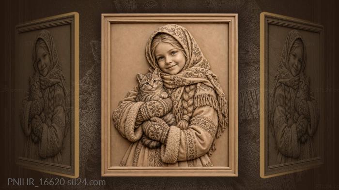 Girl with kitten folk charm 3d STL model