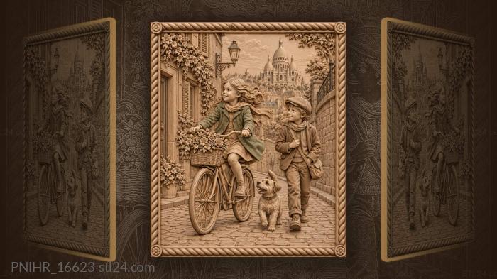 Girl bicycle flowers parisian street 3d STL model