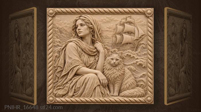 Girl in a headscarf with cat and ship 3d STL model