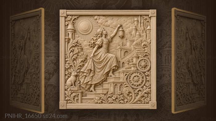 Girl climbing with a lantern past gears 3d STL model