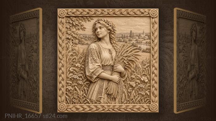 Girl with a wheat sheaf near a village 3d STL model