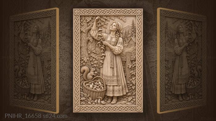 Girl threading mushrooms with squirrel 3d STL model
