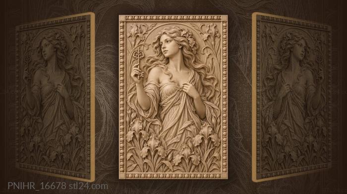 Girl raising a large key over irises 3d STL model