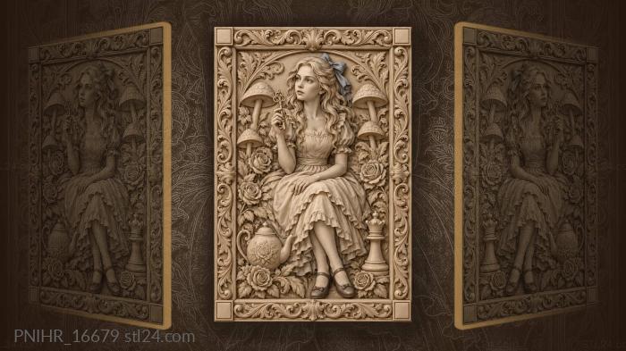 Girl with a key among mushrooms and teapot 3d STL model