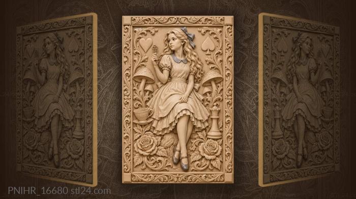 Key teacup and card suits around the girl · Alice 3d STL model