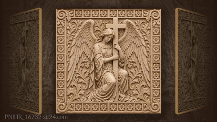 Kneeling angel holding upright cross 3d STL model