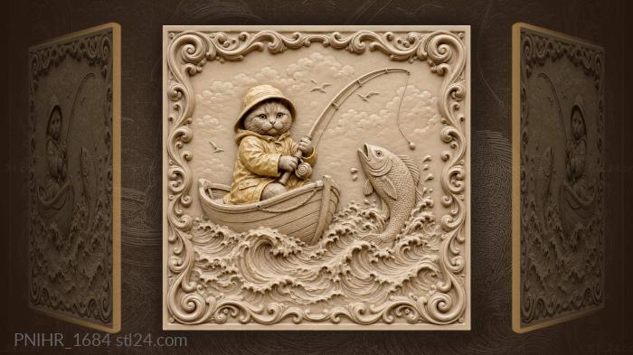 Cat in yellow raincoat lands fish 3d STL model