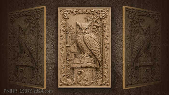 Owl on a stone by a forest house 3d STL model