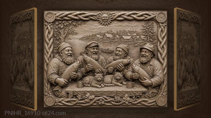 Fishermen feast with cats riverside 3d STL model