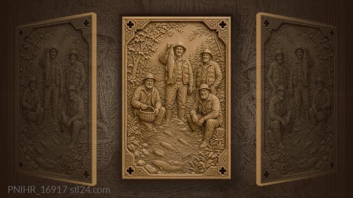 Four men raising a big trout 3d STL model