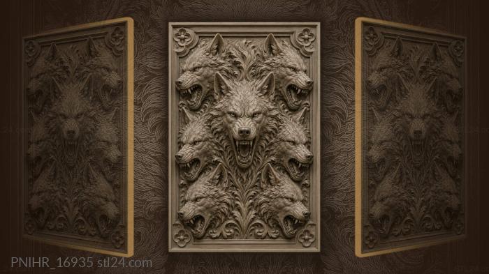 Fierce wolf heads symmetrical composition 3d STL model