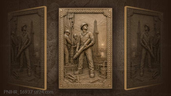 Oilfield workers at sunrise drilling rig 3d STL model