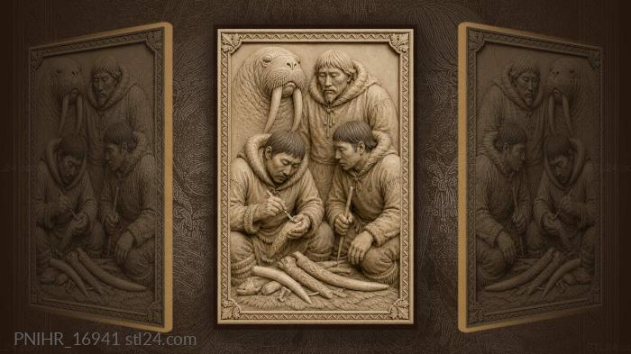 Walrus tusk carving arctic scene 3d STL model