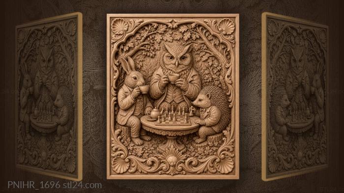 Owl hare and hedgehog over teacups 3d STL model