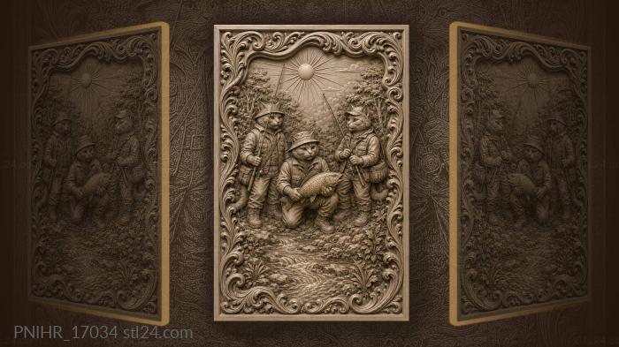 Cats fishing sunny riverbank scene 3d STL model