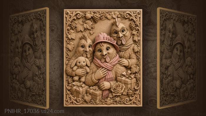 Playful chickens with gifts and berries 3d STL model