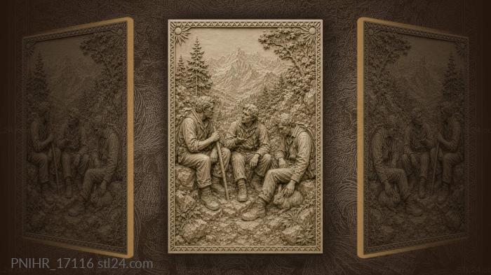 Hikers rest among mountain peaks 3d STL model