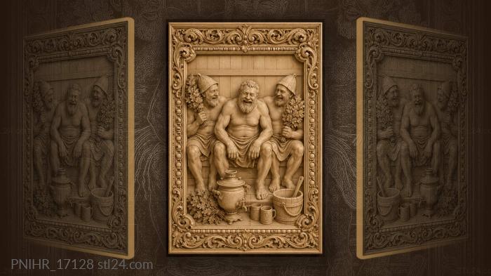 Laughing men in bath hats on the bench 3d STL model