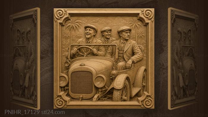 Three men in an old car under palms 3d STL model