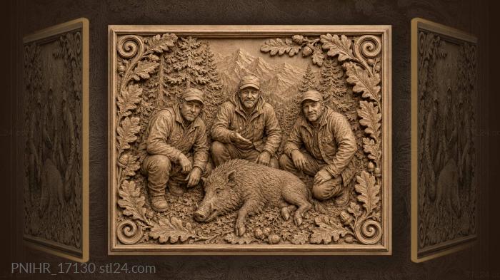 Hunters with boar forest scene 3d STL model