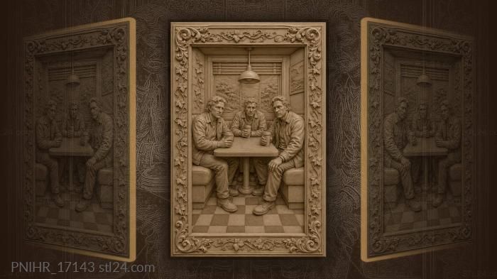 Diner scene with three thoughtful men 3d STL model