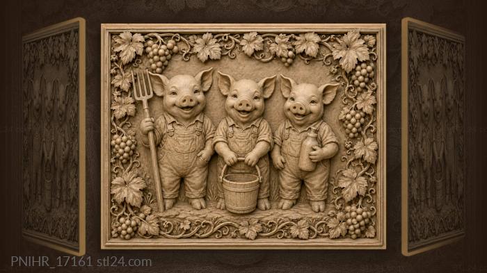 Three piglets with farm tools 3d STL model