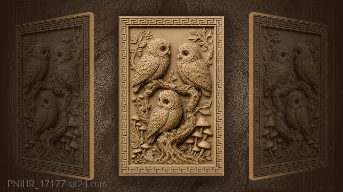 Three owl chicks on branch 3d STL model
