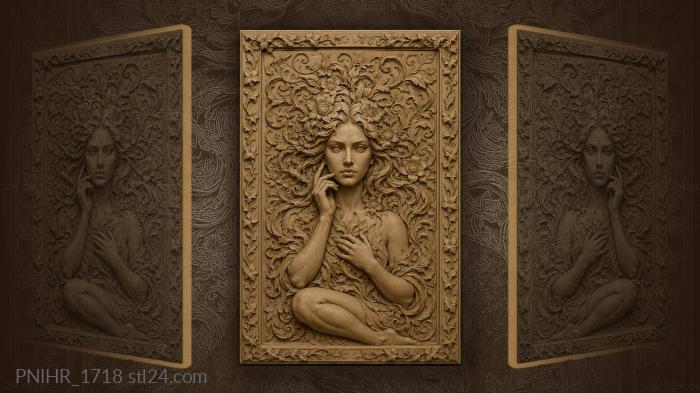 Mysterious woman with floral frame 3d STL model