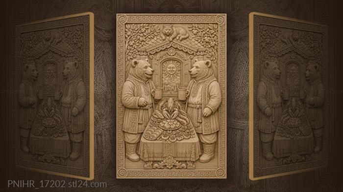 Bears with mugs under a smiling sun 3d STL model