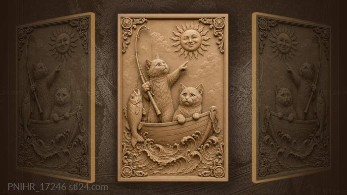 Cats fishing under smiling sun 3d STL model