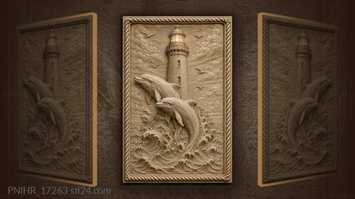 Dolphins leaping by coastal lighthouse 3d STL model