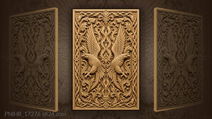 Two eagles spread wide above flames 3d STL model