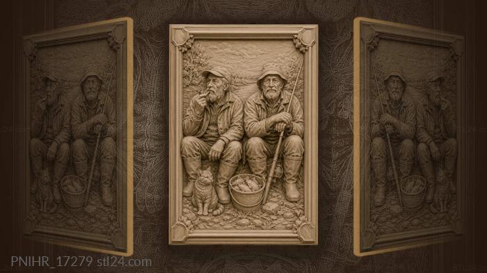 Two old fishermen with a cat 3d STL model