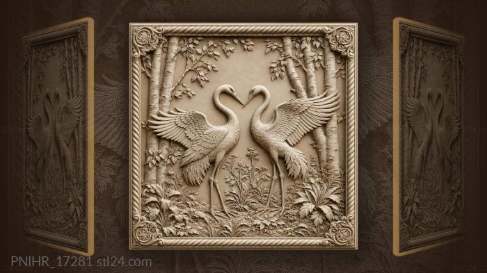 Graceful cranes among birch trees 3d STL model