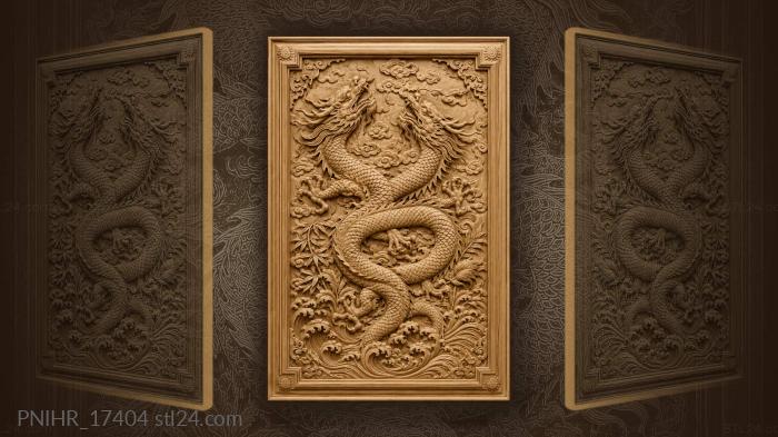 Pair of dragons rising from clouds over waves 3d STL model