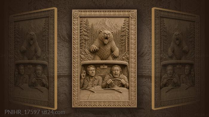 Two men in a car fleeing bear 3d STL model