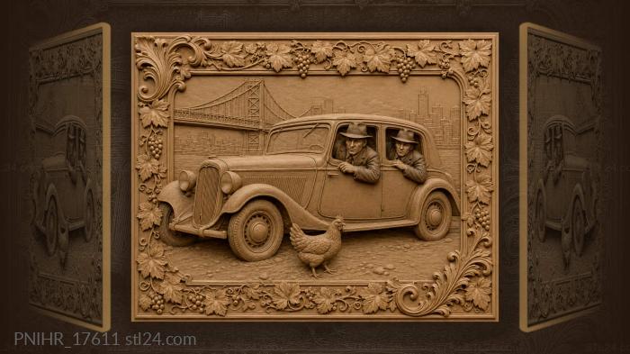 Vintage car city bridge chicken 3d STL model