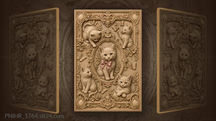Playful kittens butterflies floral frame 3d STL model
