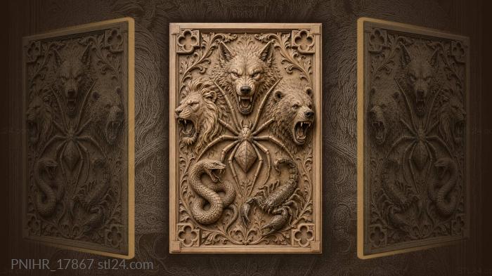 Four animal heads around the spider 3d STL model